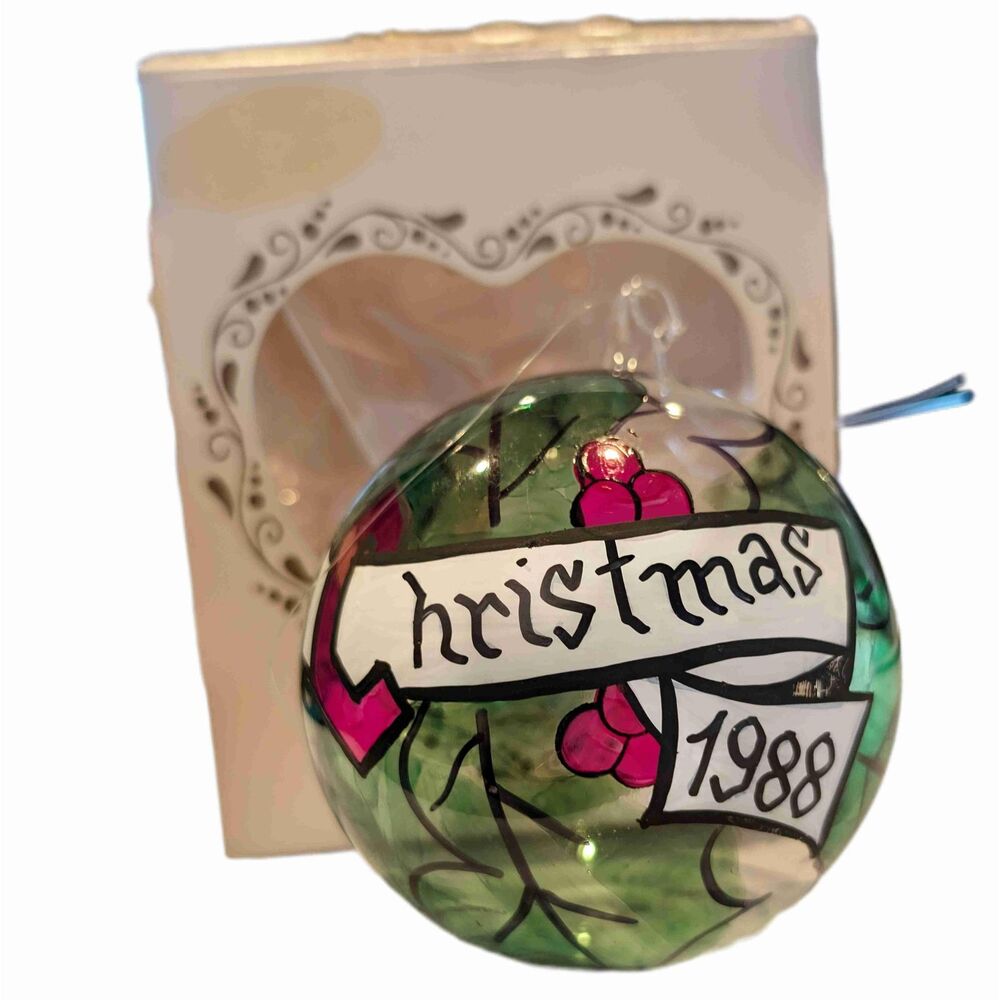 Christmas Ball Berry Ornament Italy Hand Painted Mouth Blown Glass Vintage 1989